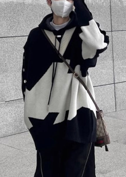 New Men Black Hooded Knit Sweaters Patchwork Cozy Spring FashionChic