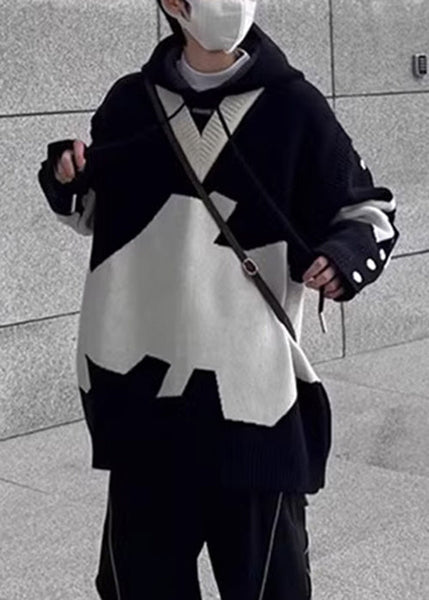 New Men Black Hooded Knit Sweaters Patchwork Cozy Spring FashionChic