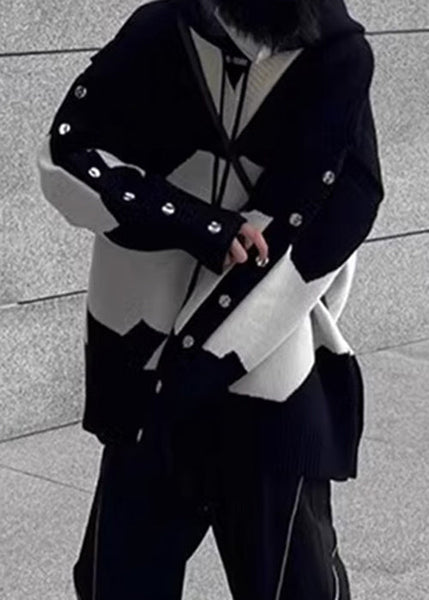 New Men Black Hooded Knit Sweaters Patchwork Cozy Spring FashionChic