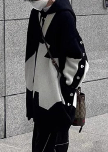 New Men Black Hooded Knit Sweaters Patchwork Cozy Spring FashionChic