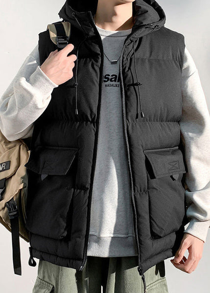New Black Hooded Pockets Cotton Filled Mens Waistcoat Sleeveless RN013 ABC