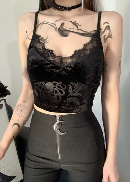 New Black Lace Backless Silk Velour Beach Spaghetti Strap Vest Sleeveless YT030 ABC