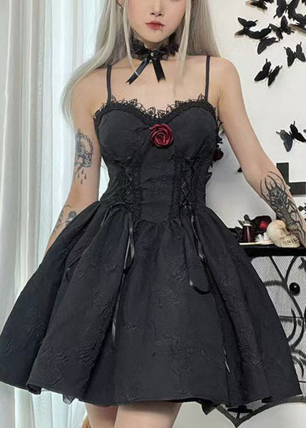 New Black Lace High Waist Patchwork Cotton Mid Dress Sleeveless YT031 ABC