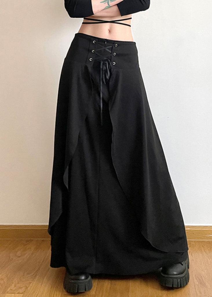 New Black Lace Up Solid High Waist Cotton Skirts Summer PP008 OM-NZ240827