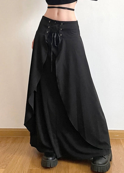 New Black Lace Up Solid High Waist Cotton Skirts Summer PP008 OM-NZ240827