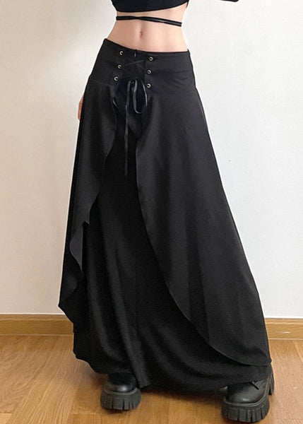 New Black Lace Up Solid High Waist Cotton Skirts Summer PP008 OM-NZ240827