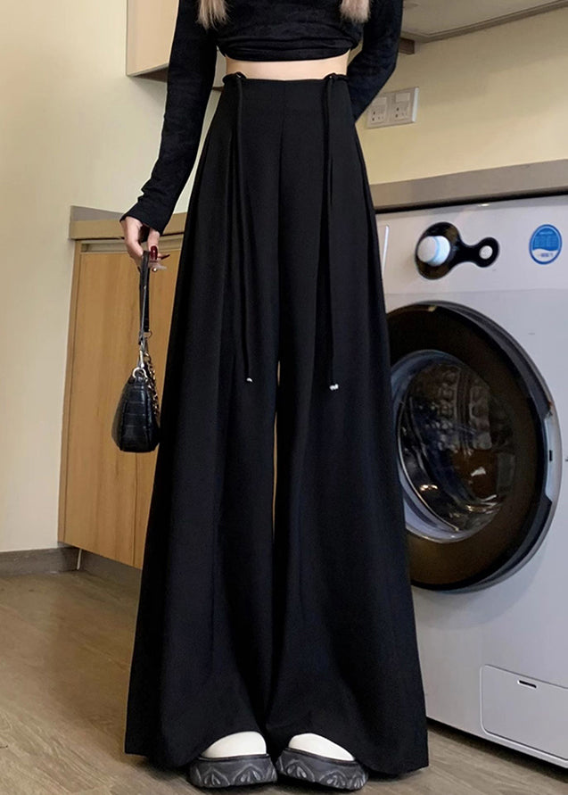 New Black Lace Up Solid High Waist Spandex Wide Leg Pants Fall PP033 OM-NZ240827