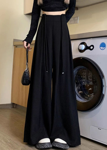 New Black Lace Up Solid High Waist Spandex Wide Leg Pants Fall PP033 OM-NZ240827