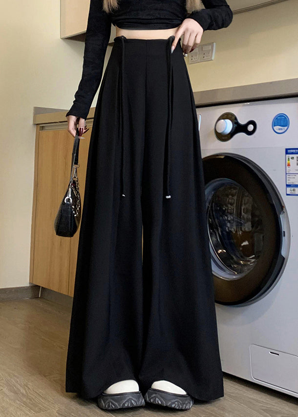 New Black Lace Up Solid High Waist Spandex Wide Leg Pants Fall PP033 OM-NZ240827