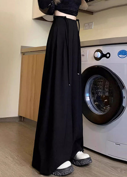 New Black Lace Up Solid High Waist Spandex Wide Leg Pants Fall PP033 OM-NZ240827