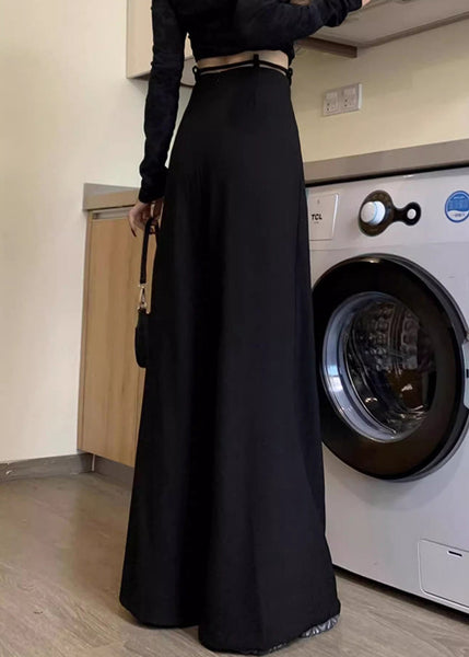 New Black Lace Up Solid High Waist Spandex Wide Leg Pants Fall PP033 OM-NZ240827