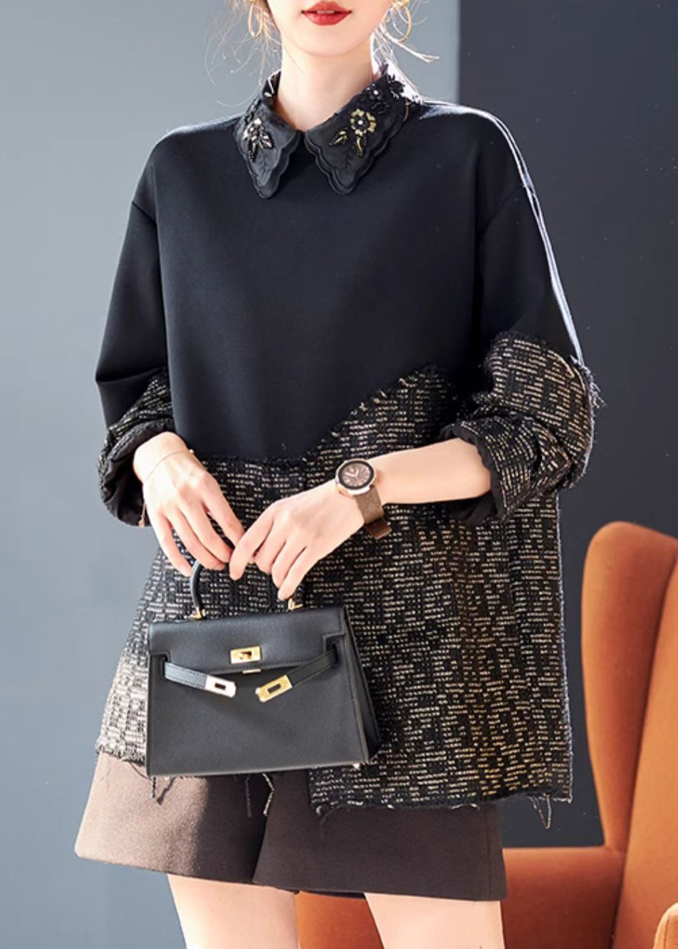 New Black Nail Bead Patchwork Cotton Shirts Spring RL039 ABC