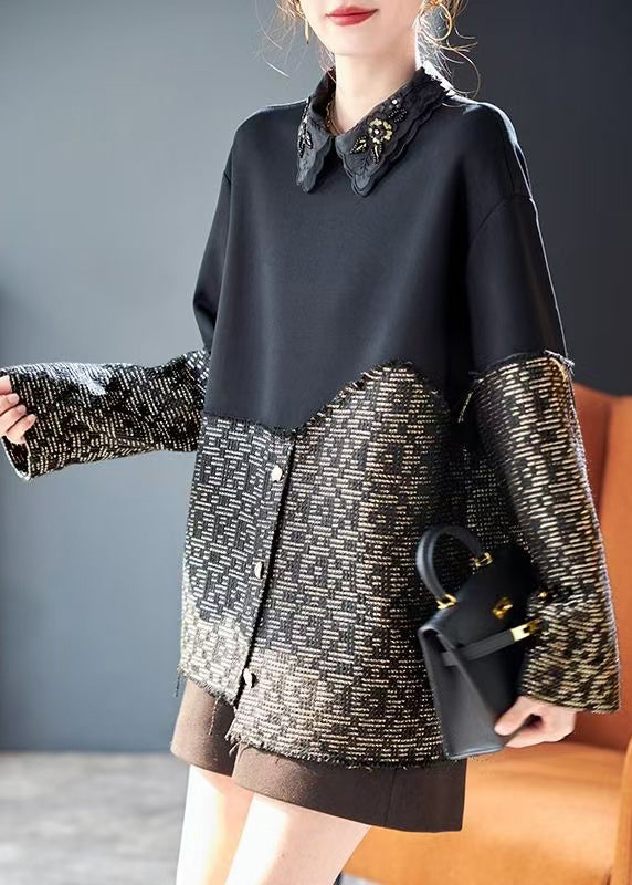 New Black Nail Bead Patchwork Cotton Shirts Spring RL039 ABC