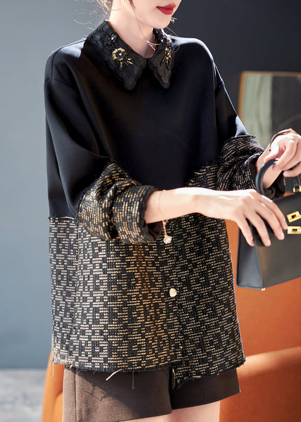 New Black Nail Bead Patchwork Cotton Shirts Spring RL039 ABC