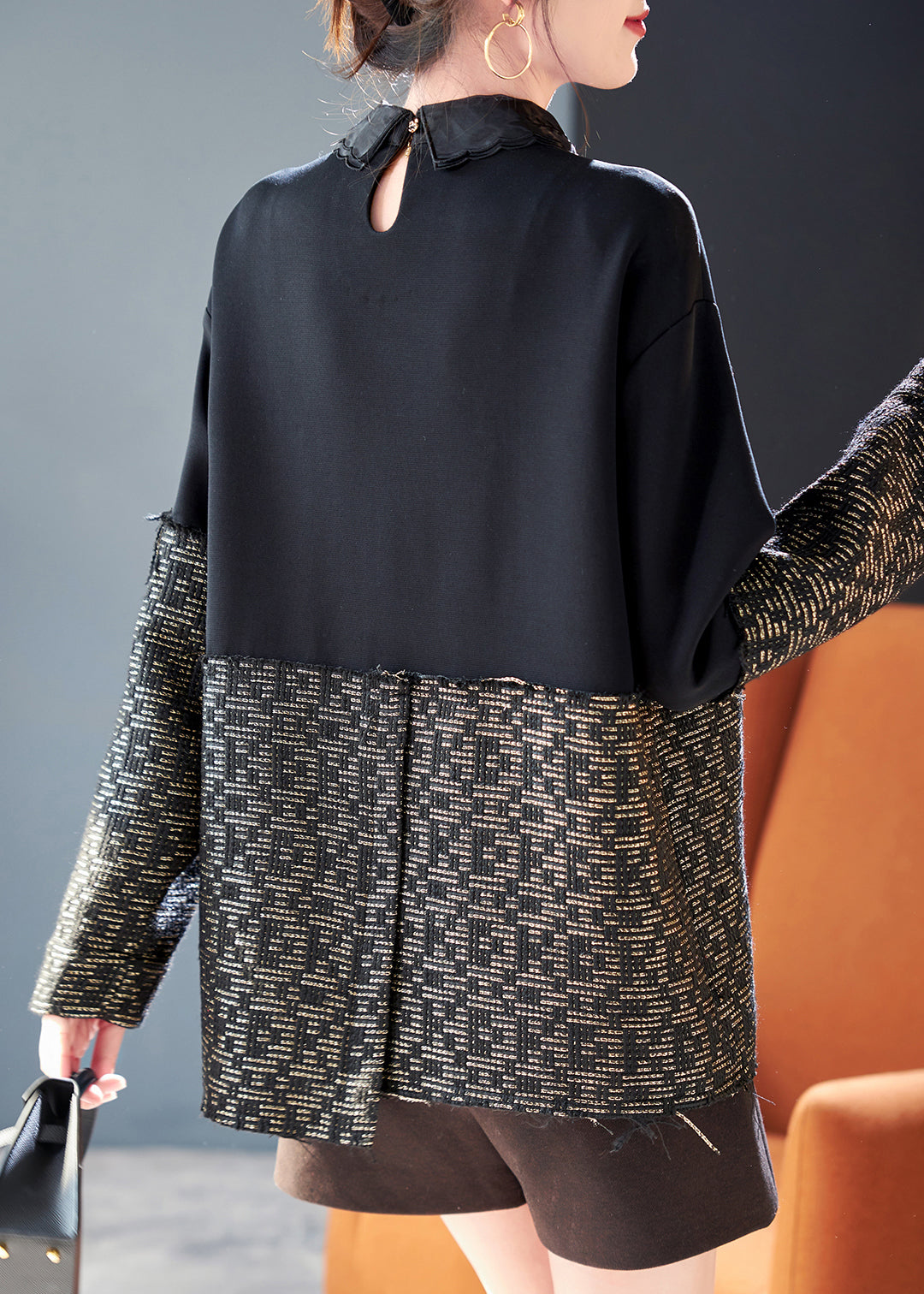 New Black Nail Bead Patchwork Cotton Shirts Spring RL039 ABC