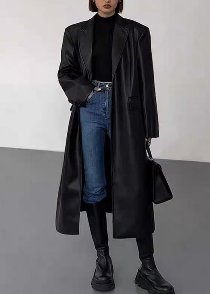 New Black Notched Button Faux Leather Long Coats Winter WL013 OM-CS241108