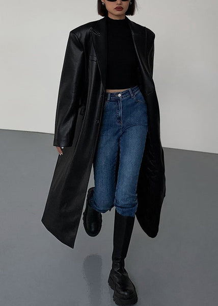 New Black Notched Button Faux Leather Long Coats Winter ER020 ABC