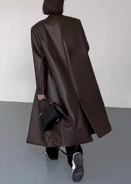New Black Notched Button Faux Leather Long Coats Winter ER020 ABC