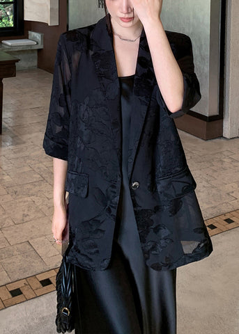 New Silk Black Bracelet Coat Notched Pockets Sleeve Button FashionChic