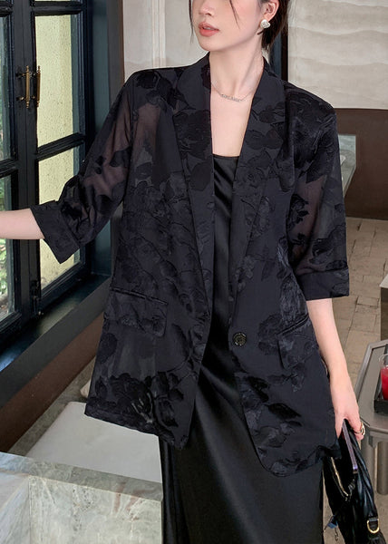 New Silk Black Bracelet Coat Notched Pockets Sleeve Button FashionChic