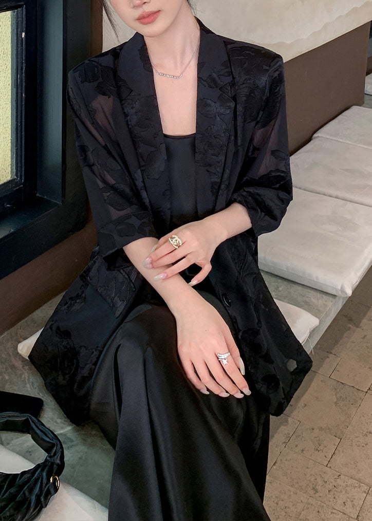 New Silk Black Bracelet Coat Notched Pockets Sleeve Button FashionChic