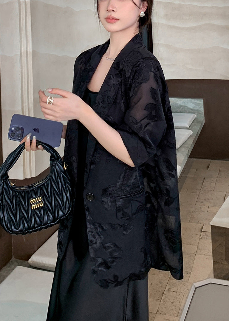 New Silk Black Bracelet Coat Notched Pockets Sleeve Button FashionChic