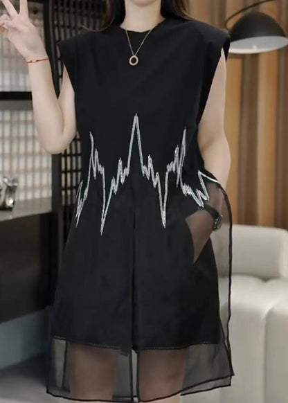 Open Black O-Neck Sleeveless New Side Top Mid Embroidered FashionChic