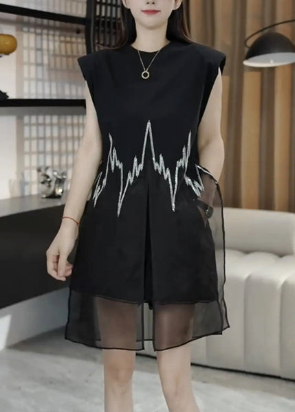 Open Black O-Neck Sleeveless New Side Top Mid Embroidered FashionChic