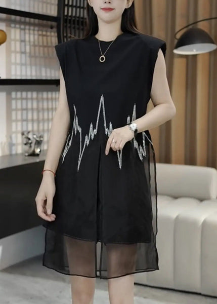 Open Black O-Neck Sleeveless New Side Top Mid Embroidered FashionChic