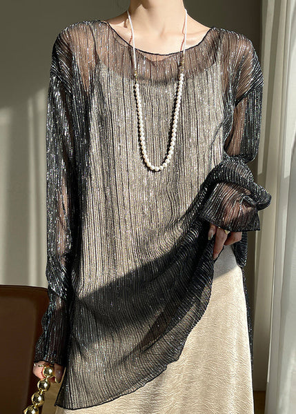 New Black O Neck Patchwork Tulle T Shirt Long Sleeve AB1010 Genistyle Shop