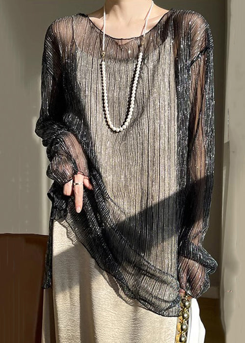 New Black O Neck Patchwork Tulle T Shirt Long Sleeve AB1010 Genistyle Shop