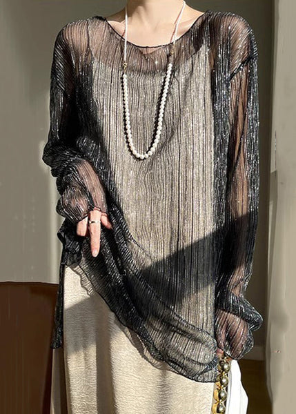 New Black O Neck Patchwork Tulle T Shirt Long Sleeve AB1010 Genistyle Shop