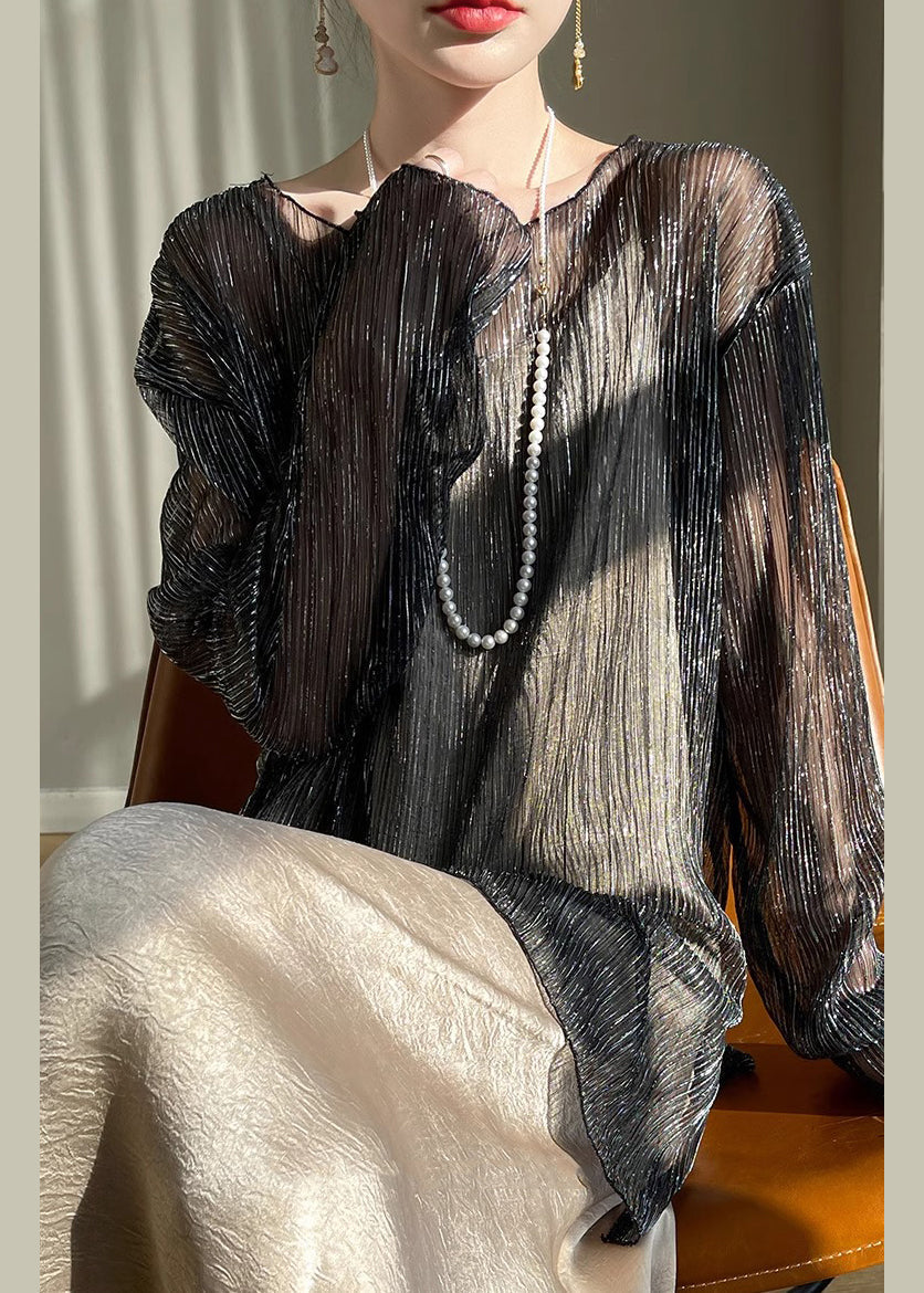 New Black O Neck Patchwork Tulle T Shirt Long Sleeve AB1010 Genistyle Shop