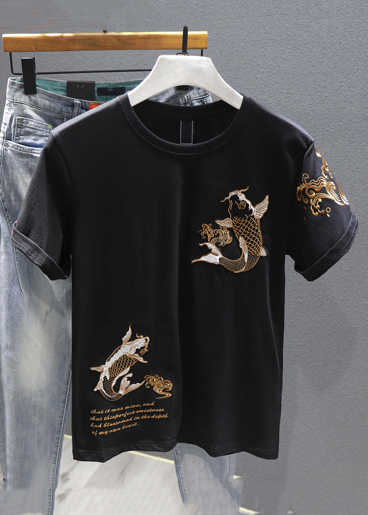 New Black O-Neck Print Cotton Men T Shirt Short Sleeve LK041 Men-Silk-MENT240630