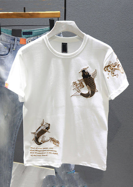 New Black O-Neck Print Cotton Men T Shirt Short Sleeve LK041 Men-Silk-MENT240630