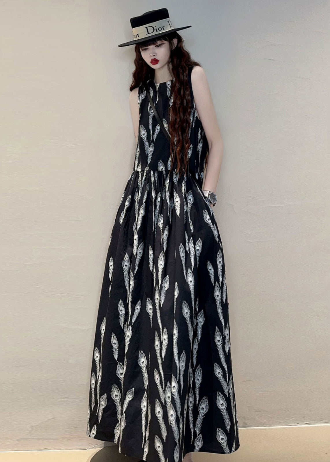 New Black O Neck Print Pockets Cotton Maxi Dresses Sleeveless KK059 SH-LF-SDL240602