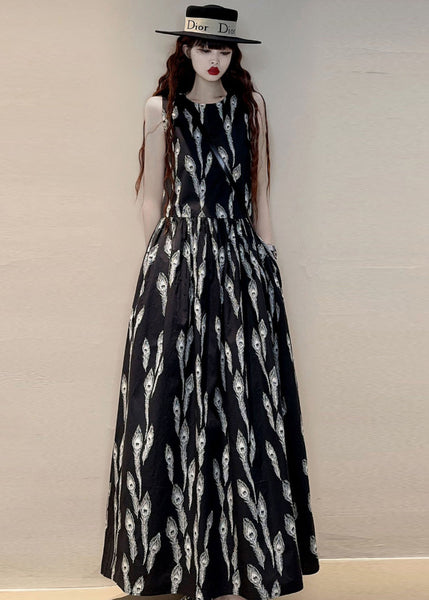 New Black O Neck Print Pockets Cotton Maxi Dresses Sleeveless KK059 SH-LF-SDL240602