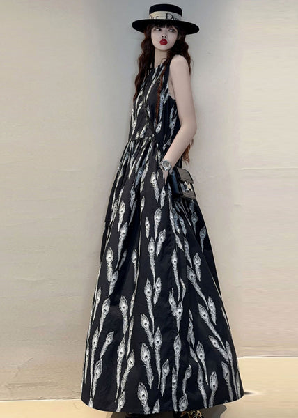 New Black O Neck Print Pockets Cotton Maxi Dresses Sleeveless KK059 SH-LF-SDL240602