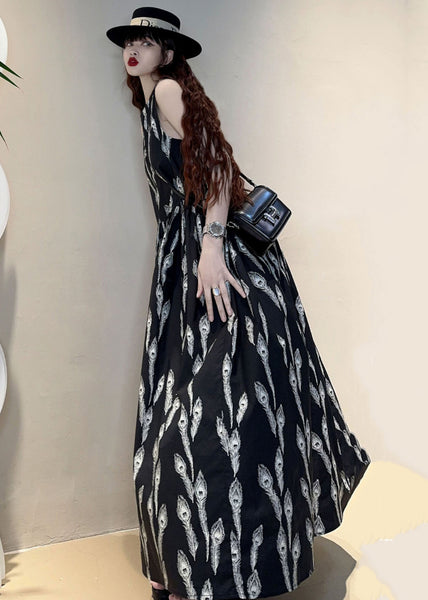 New Black O Neck Print Pockets Cotton Maxi Dresses Sleeveless KK059 SH-LF-SDL240602