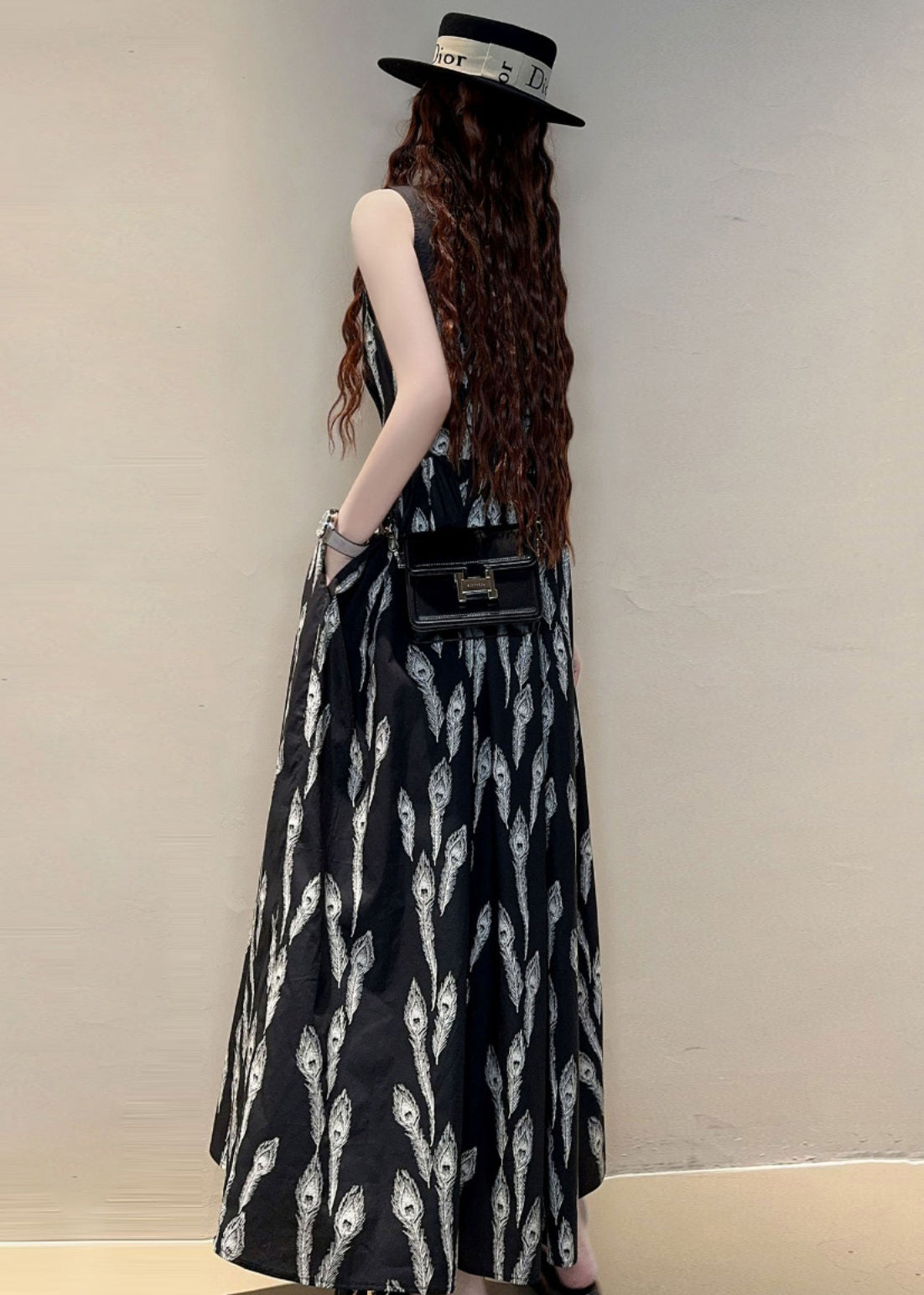 New Black O Neck Print Pockets Cotton Maxi Dresses Sleeveless KK059 SH-LF-SDL240602