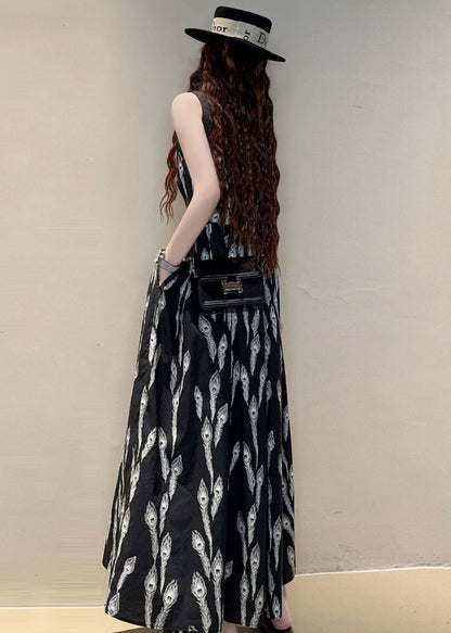 New Black O Neck Print Pockets Cotton Maxi Dresses Sleeveless KK059 SH-LF-SDL240602