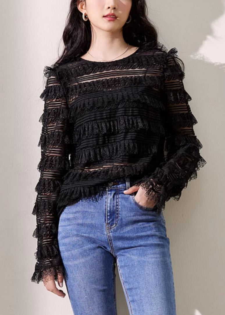 New Black O Neck Solid Lace Top Long Sleeve KK052 SH-LF-LTP240602