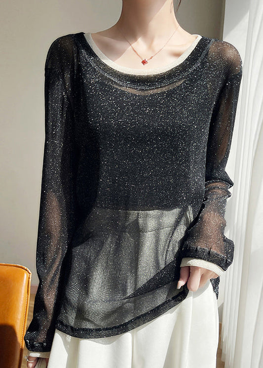 Shirts Summer T Black New Patchwork O Neck Tulle Thin FashionChic