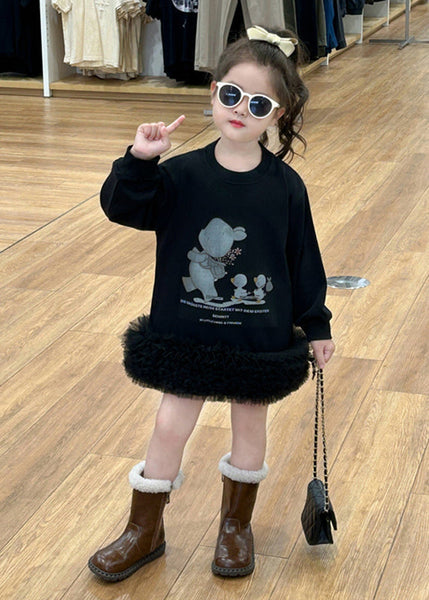 New Black O-Neck Tulle Patchwork Tulle Girls Mid Dress Spring TG005