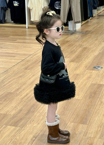 New Black O-Neck Tulle Patchwork Tulle Girls Mid Dress Spring TG005