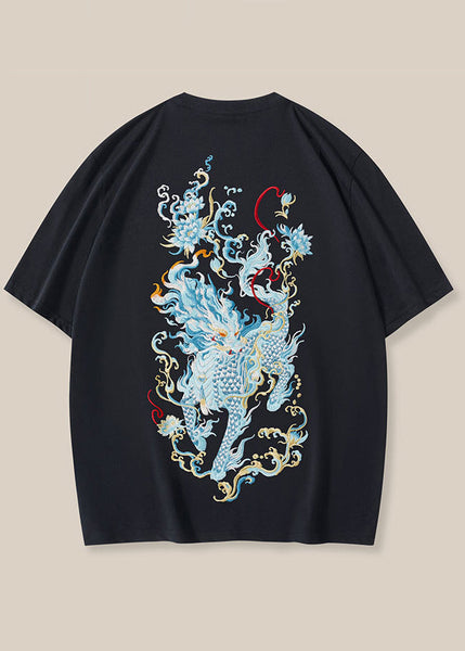 New Oriental Summer Shirt Cotton Black T Embroideried Mens FashionChic