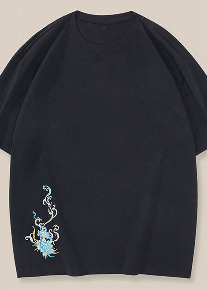New Oriental Summer Shirt Cotton Black T Embroideried Mens FashionChic