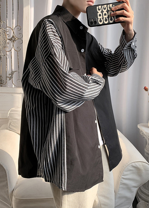 Patchwork New Shirts Pan Peter Cotton Black Collar Striped Mens FashionChic