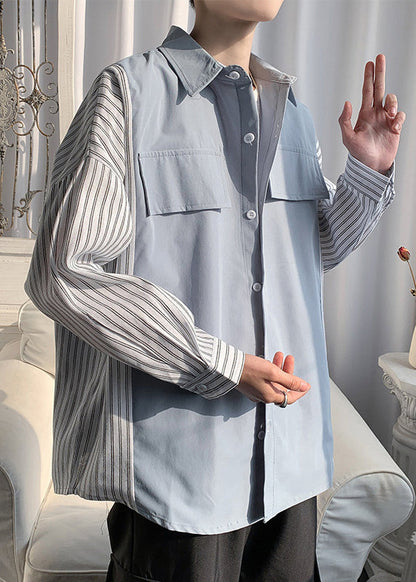 Patchwork New Shirts Pan Peter Cotton Black Collar Striped Mens FashionChic