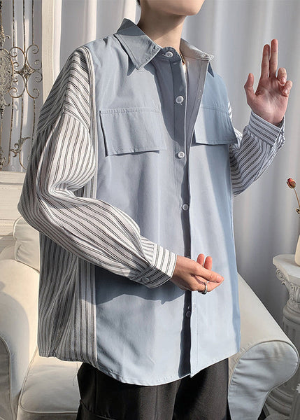 Patchwork New Shirts Pan Peter Cotton Black Collar Striped Mens FashionChic